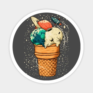 Space Ice Cream - Triple Scoop Cone Planet, Vanilla Moon, Pappermint Mint Chocolate Chip Earth, Melon, Cantaloupe, Muskmelon Saturn Magnet